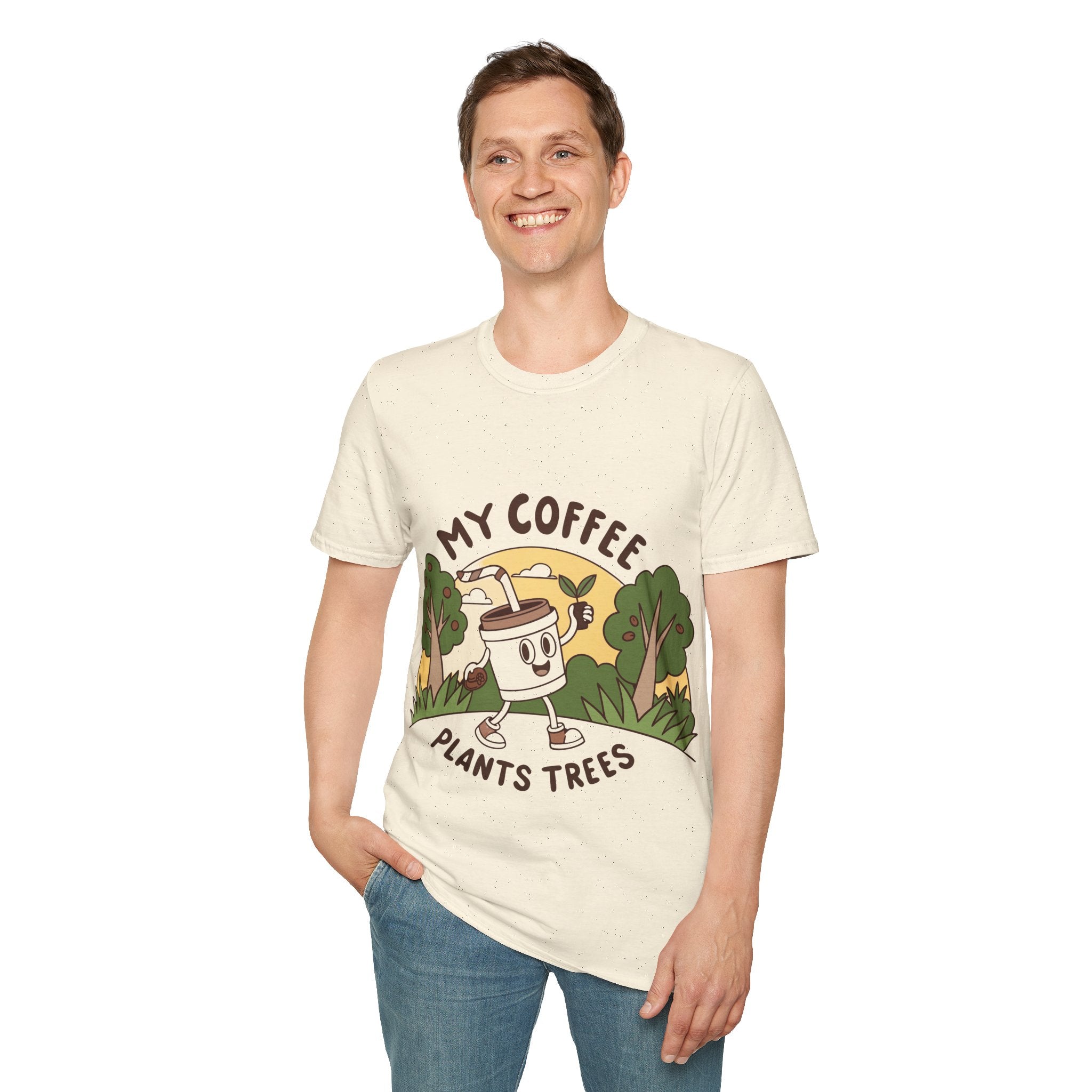 Eco-Friendly Coffee Lover T-Shirt, Unisex Softstyle Tee, Plant Trees Apparel, Gift for Coffee Lovers, Casual Wear, Nature Lovers Top