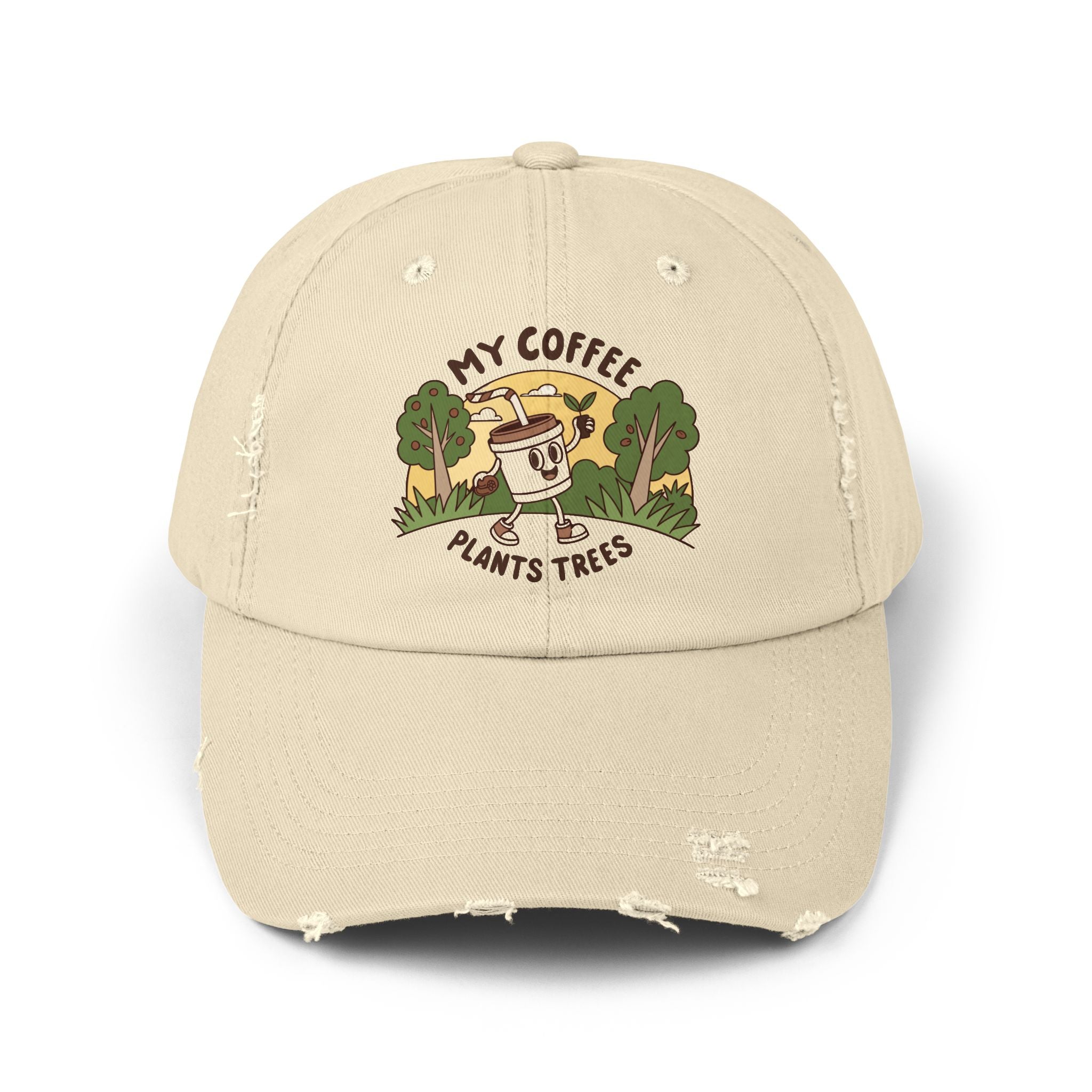 Eco-Friendly Unisex Distressed Cap, Outdoor Hat, Funny Coffee Lover Gift, Casual Fashion Accessory, Unisex Gift for Nature Lovers