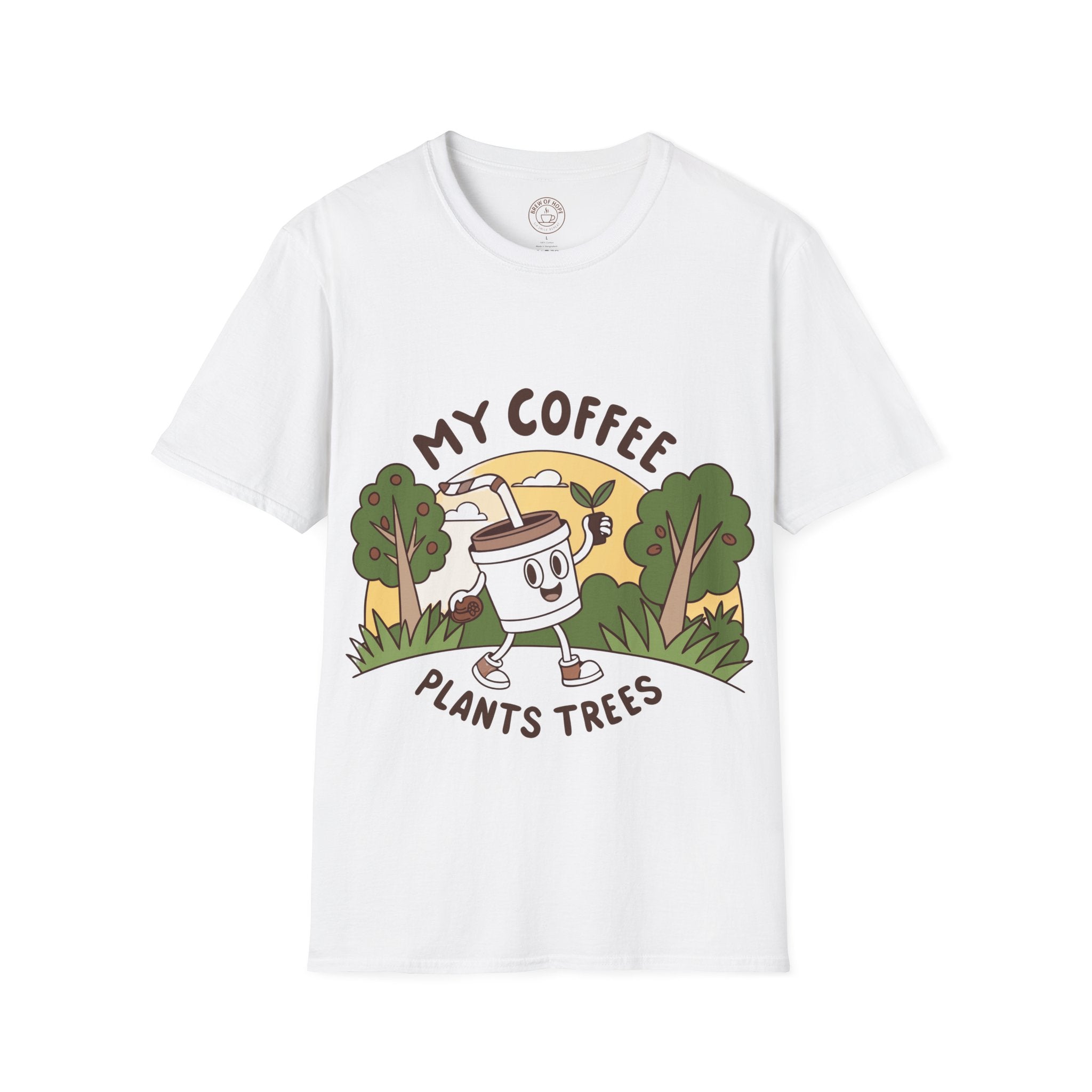 Eco-Friendly Coffee Lover T-Shirt, Unisex Softstyle Tee, Plant Trees Apparel, Gift for Coffee Lovers, Casual Wear, Nature Lovers Top
