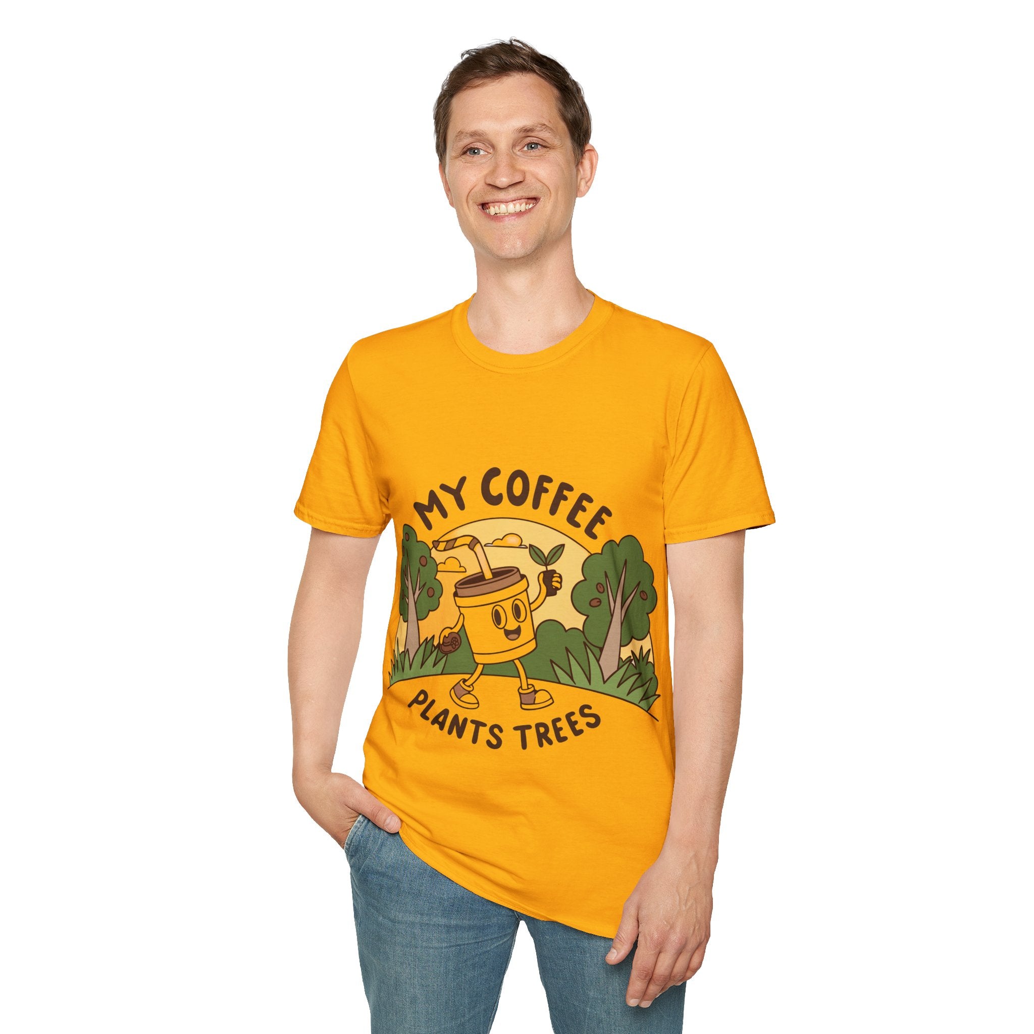 Eco-Friendly Coffee Lover T-Shirt, Unisex Softstyle Tee, Plant Trees Apparel, Gift for Coffee Lovers, Casual Wear, Nature Lovers Top