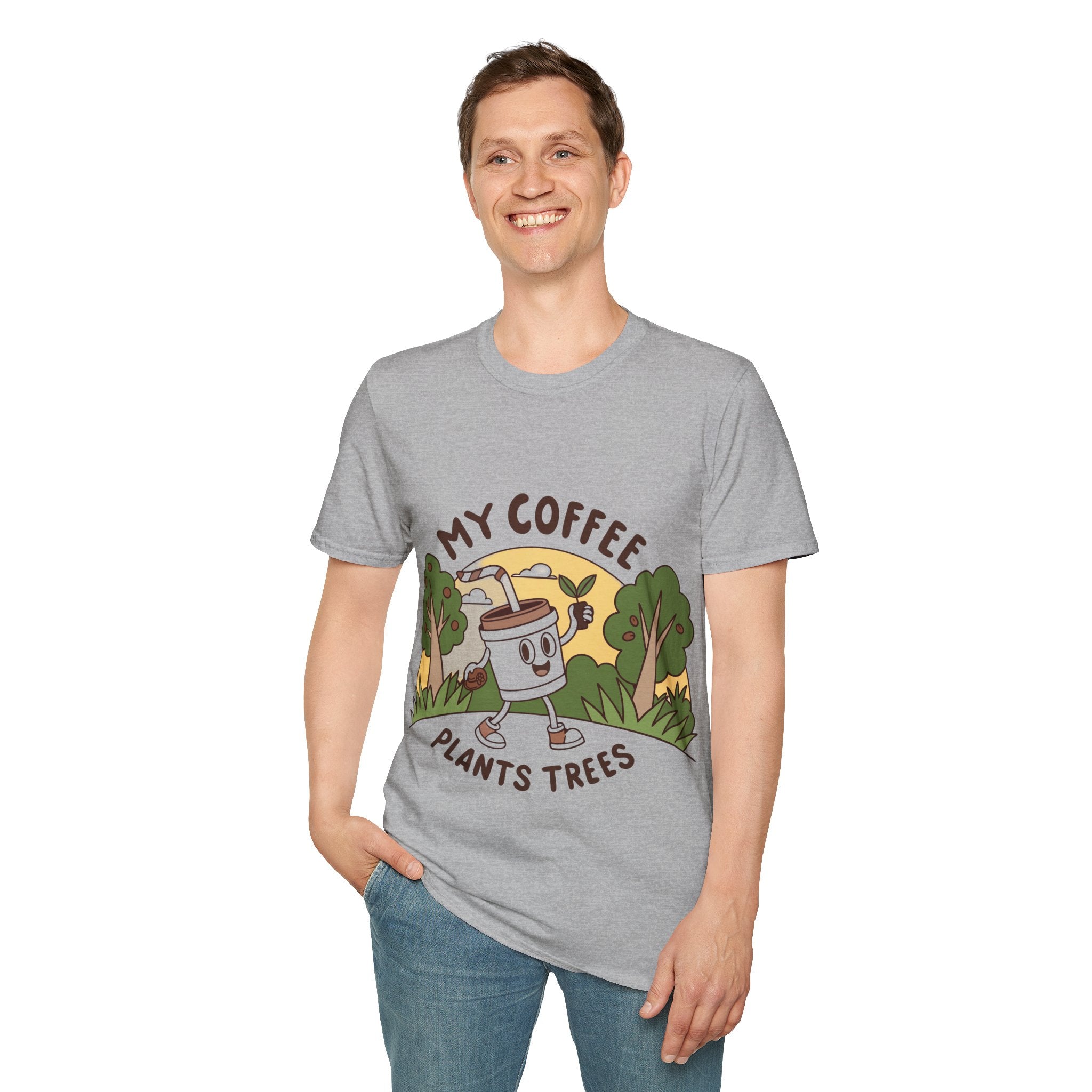 Eco-Friendly Coffee Lover T-Shirt, Unisex Softstyle Tee, Plant Trees Apparel, Gift for Coffee Lovers, Casual Wear, Nature Lovers Top