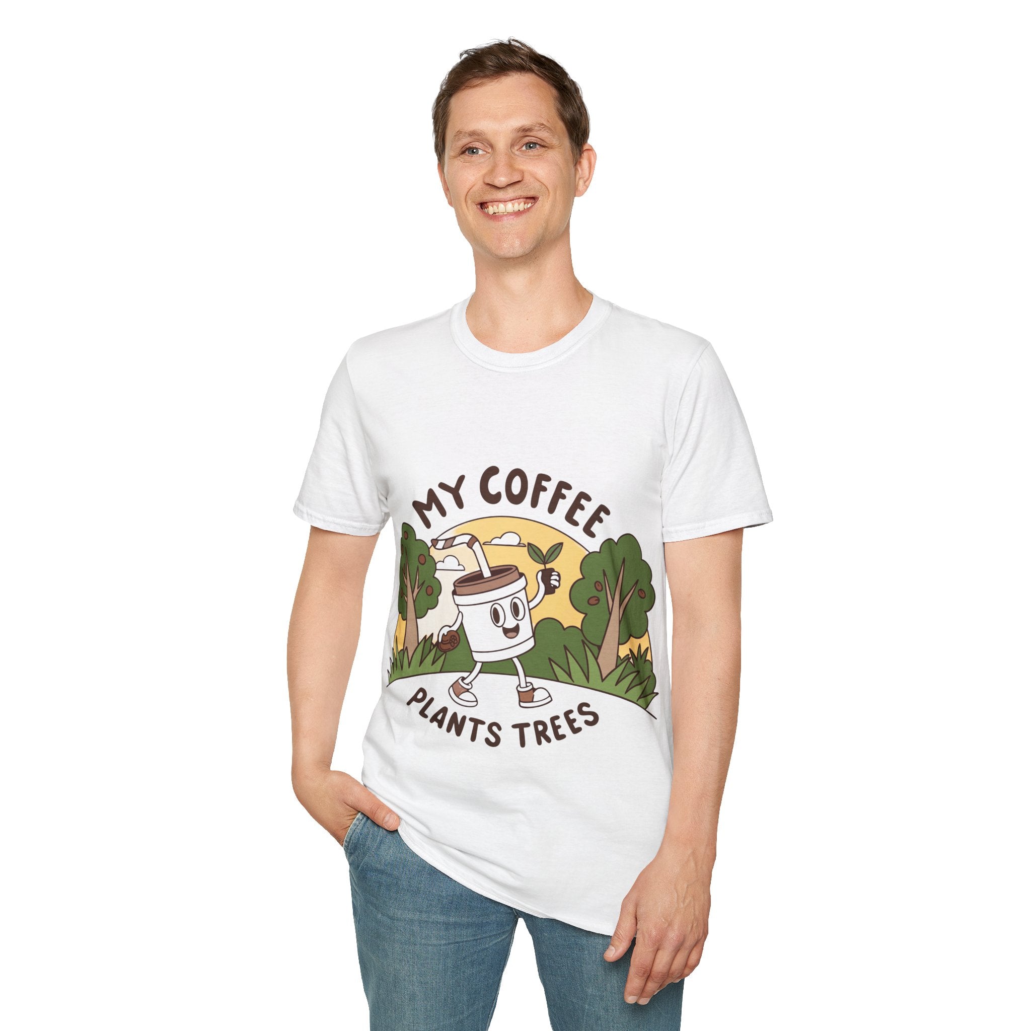 Eco-Friendly Coffee Lover T-Shirt, Unisex Softstyle Tee, Plant Trees Apparel, Gift for Coffee Lovers, Casual Wear, Nature Lovers Top
